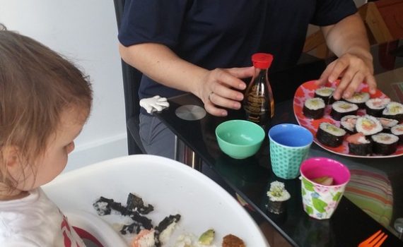 Bubsi and Papa eating sushi